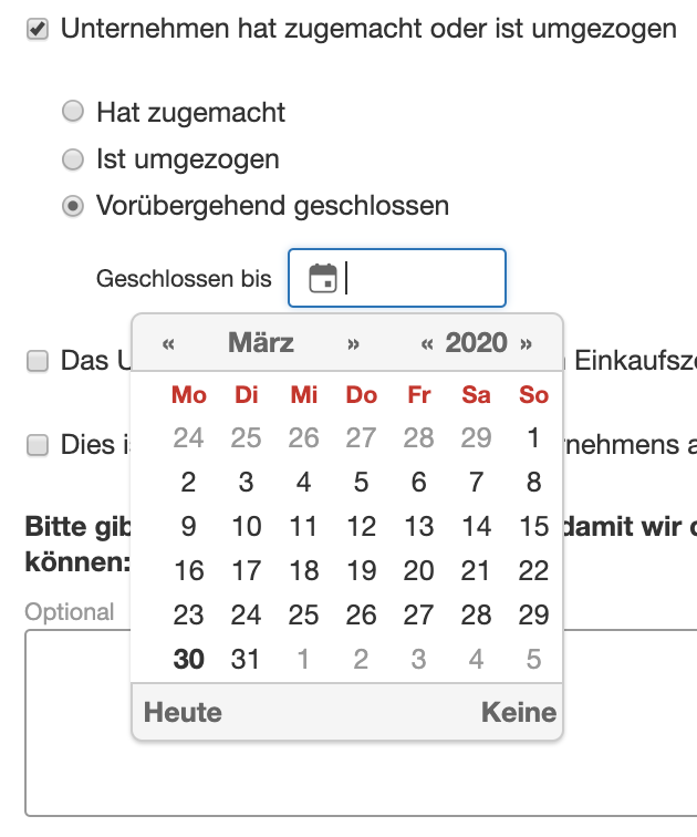 Auf Unternehmen hat zugemacht oder ist umgezogen klicken, dann auf vorübergehend geschlossen